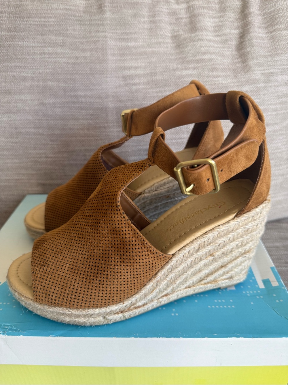 Open-Toe Espadrille Wedge Sandals in Cognac Suede (very comfortable)